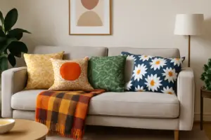 Plaid e cuscini fantasia in soggiorno moderno: un mix che ravviva senza appesantire l’ambiente
